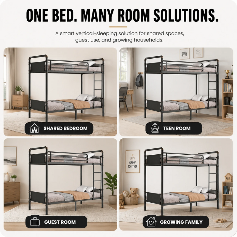 Metal bunk bed shown in shared - teen - guest and family bedroom settings