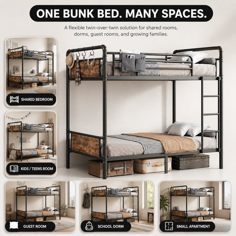 Metal bunk bed shown in shared - teen - guest and family bedroom settings