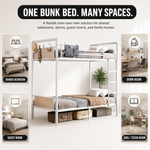 Metal bunk bed shown in shared - teen - guest and family bedroom settings