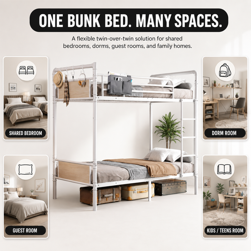 Metal bunk bed shown in shared - teen - guest and family bedroom settings