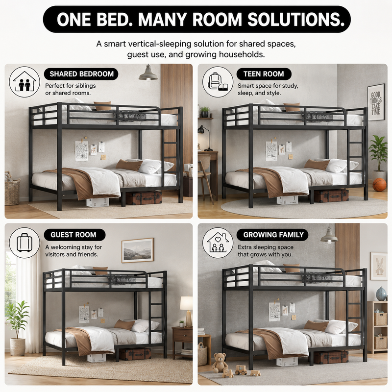 Metal bunk bed shown in shared - teen - guest and family bedroom settings