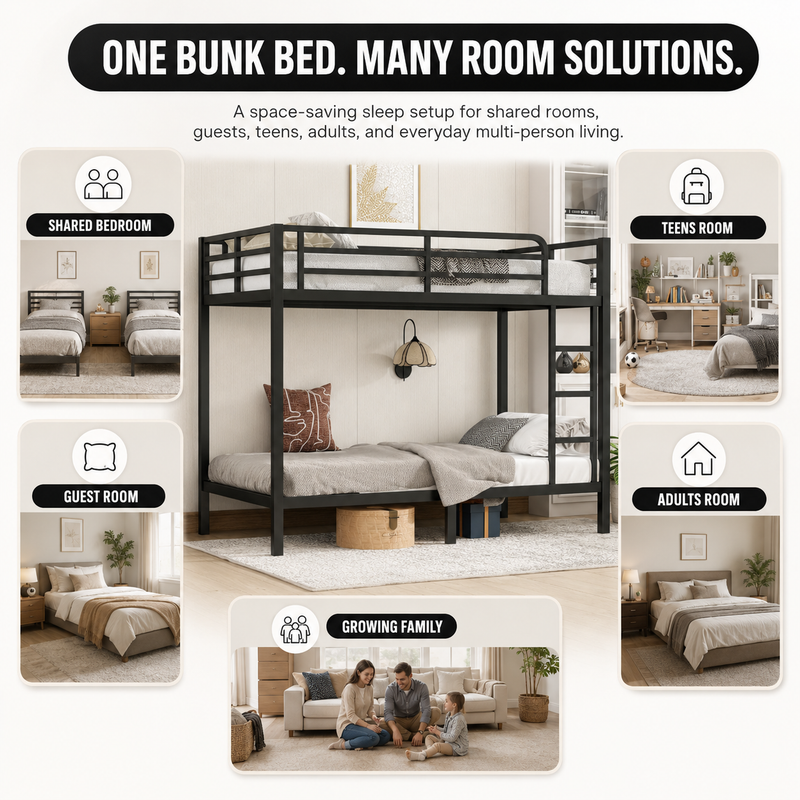 Metal bunk bed shown in shared - teen - guest and family bedroom settings