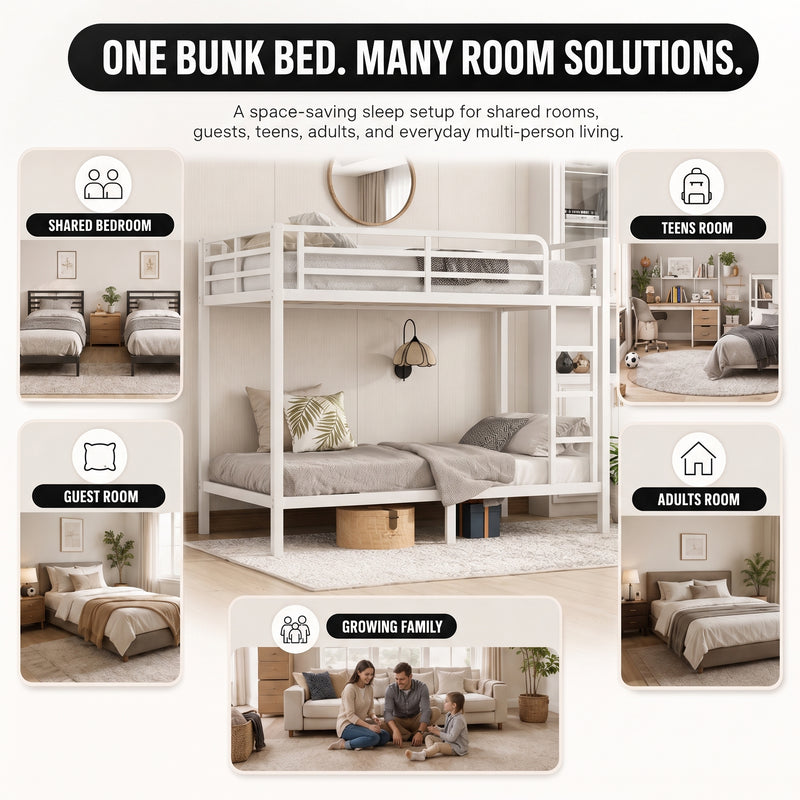 Metal bunk bed shown in shared - teen - guest and family bedroom settings