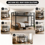 Metal bunk bed shown in shared - teen - guest and family bedroom settings