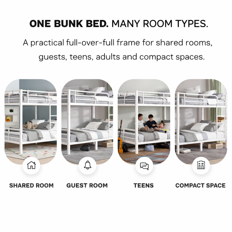 Metal bunk bed shown in shared - teen - guest and family bedroom settings