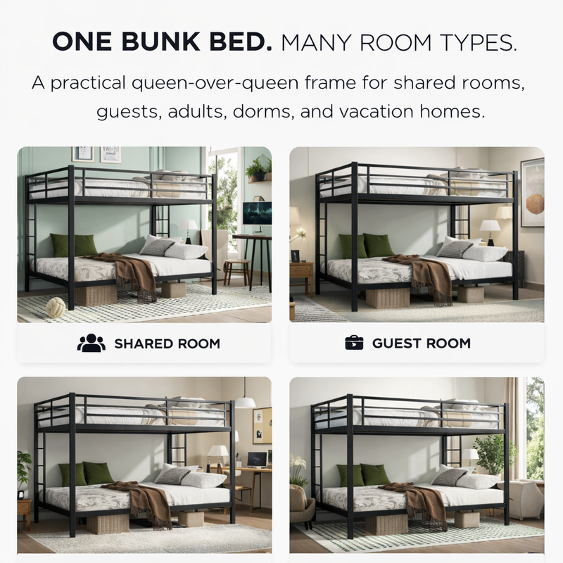 Metal bunk bed shown in shared - teen - guest and family bedroom settings