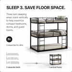 Four adults around a black metal bunk bed in a shared bedroom