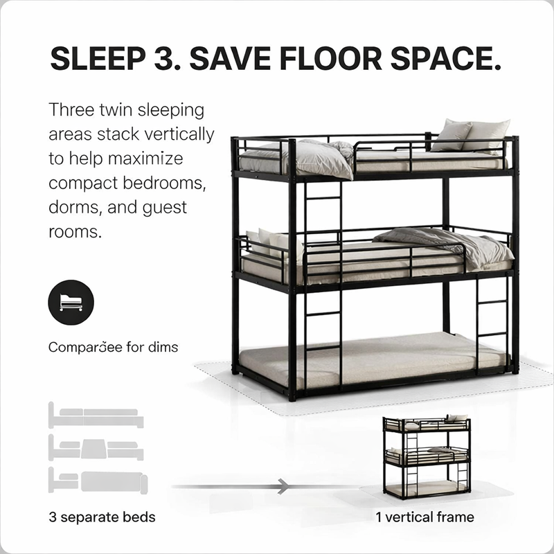 Four adults around a black metal bunk bed in a shared bedroom