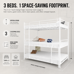 Four adults around a black metal bunk bed in a shared bedroom