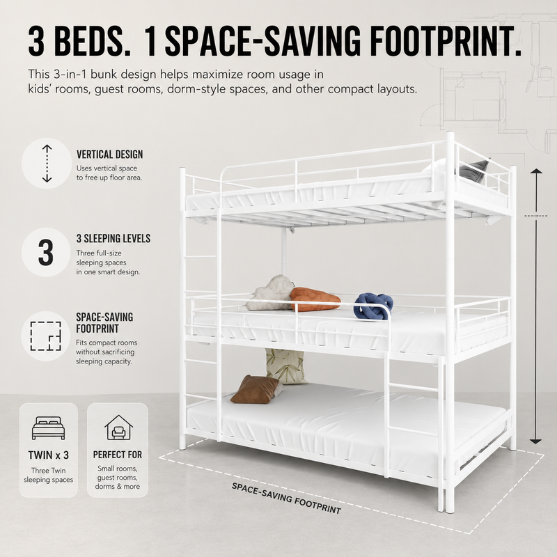 Four adults around a black metal bunk bed in a shared bedroom