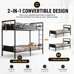 Four adults around a black metal bunk bed in a shared bedroom