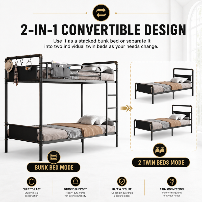 Four adults around a black metal bunk bed in a shared bedroom