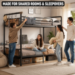 Four adults around a black metal bunk bed in a shared bedroom
