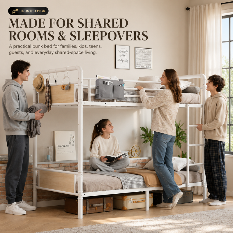Four adults around a black metal bunk bed in a shared bedroom