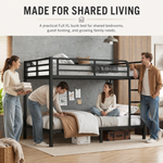 Four adults around a black metal bunk bed in a shared bedroom