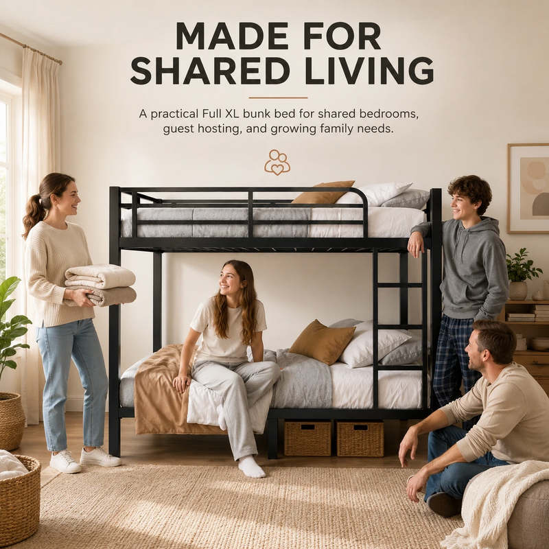 Four adults around a black metal bunk bed in a shared bedroom