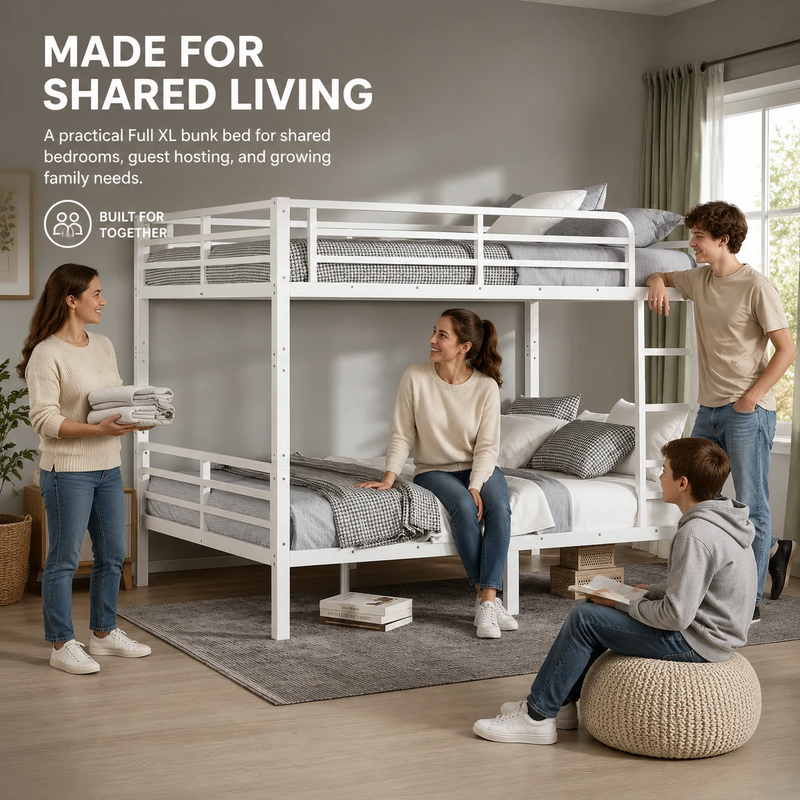 Four adults around a black metal bunk bed in a shared bedroom