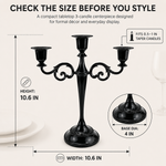 Size guide graphic for the metal candelabra centerpiece showing height width and depth