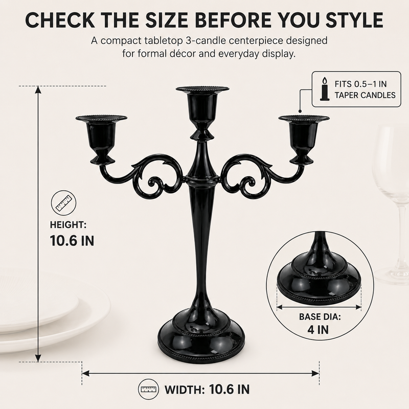 Size guide graphic for the metal candelabra centerpiece showing height width and depth