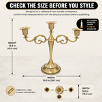 Size guide graphic for the metal candelabra centerpiece showing height width and depth
