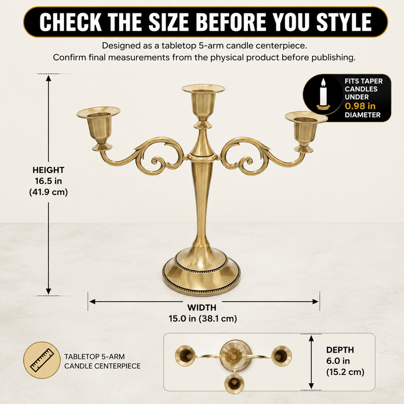 Size guide graphic for the metal candelabra centerpiece showing height width and depth