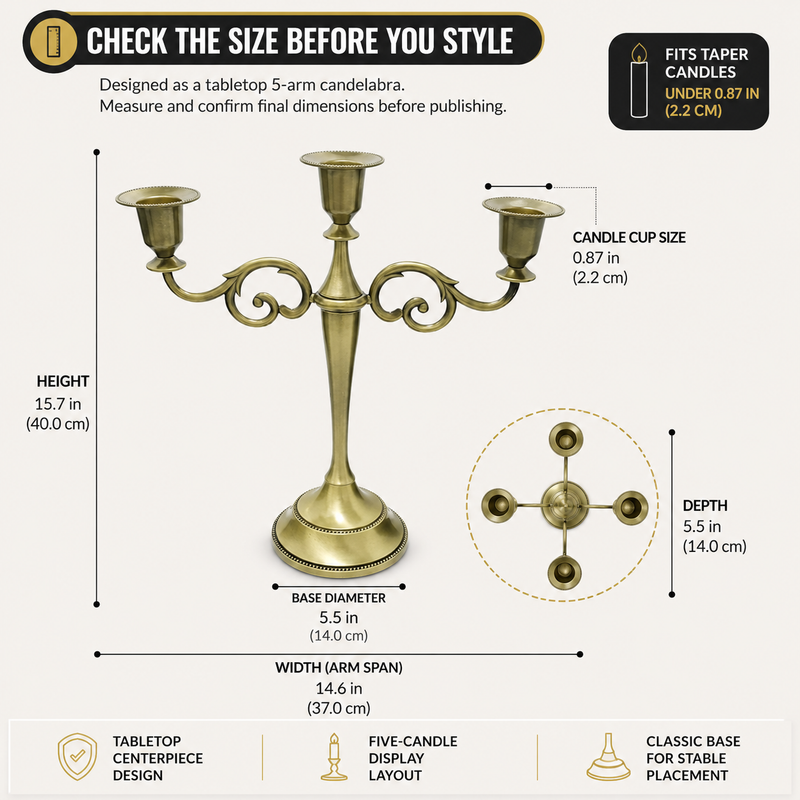 Size guide graphic for the metal candelabra centerpiece showing height width and depth