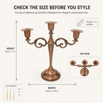 Size guide graphic for the metal candelabra centerpiece showing height width and depth