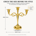 Size guide graphic for the metal candelabra centerpiece showing height width and depth