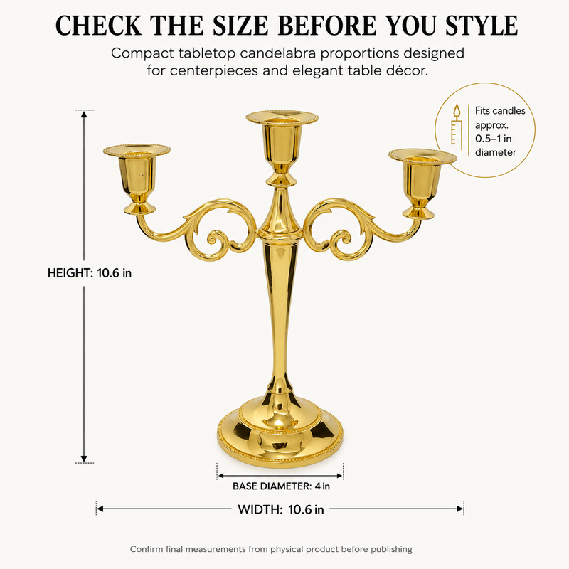 Size guide graphic for the metal candelabra centerpiece showing height width and depth