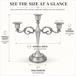 Size guide graphic for the metal candelabra centerpiece showing height width and depth