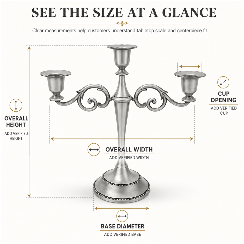 Size guide graphic for the metal candelabra centerpiece showing height width and depth