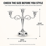 Size guide graphic for the metal candelabra centerpiece showing height width and depth