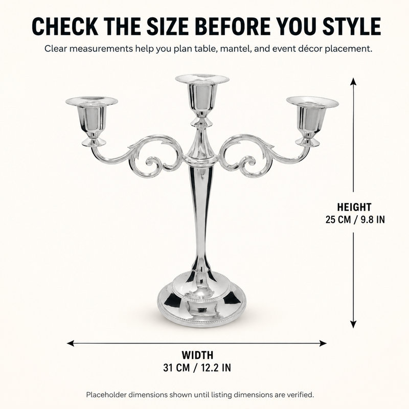 Size guide graphic for the metal candelabra centerpiece showing height width and depth