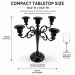 Size guide graphic for the metal candelabra centerpiece showing height width and depth