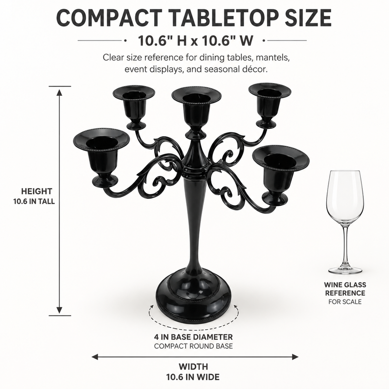 Size guide graphic for the metal candelabra centerpiece showing height width and depth