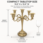 Size guide graphic for the metal candelabra centerpiece showing height width and depth