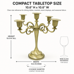 Size guide graphic for the metal candelabra centerpiece showing height width and depth