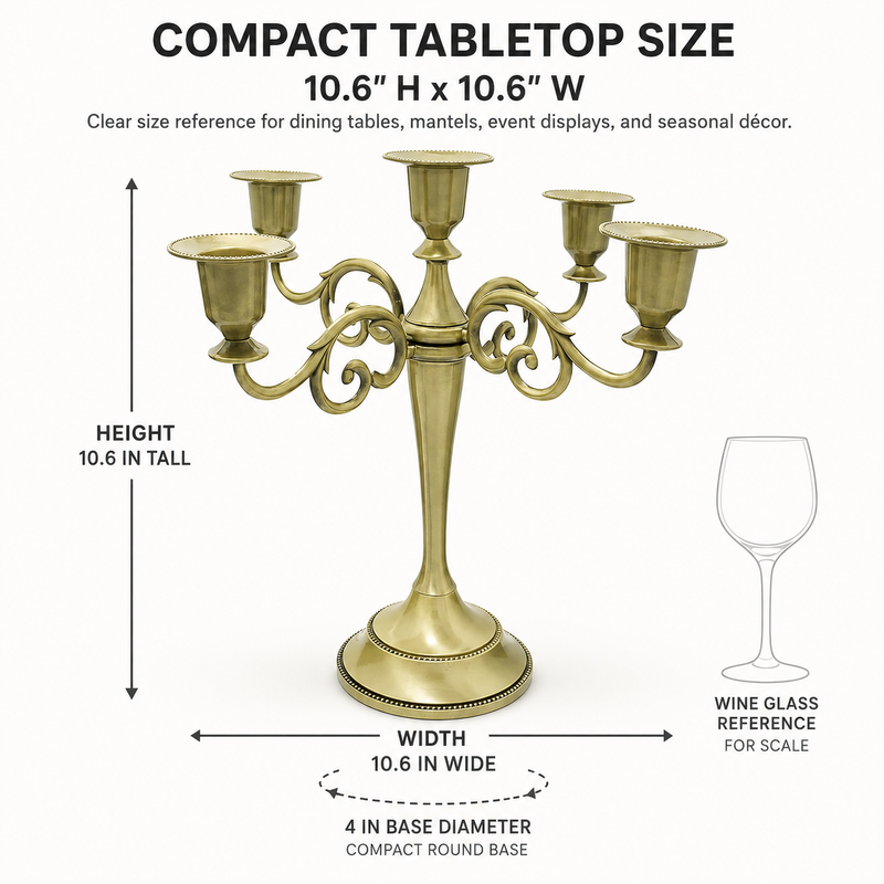 Size guide graphic for the metal candelabra centerpiece showing height width and depth