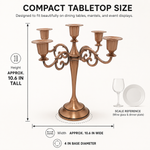 Size guide graphic for the metal candelabra centerpiece showing height width and depth
