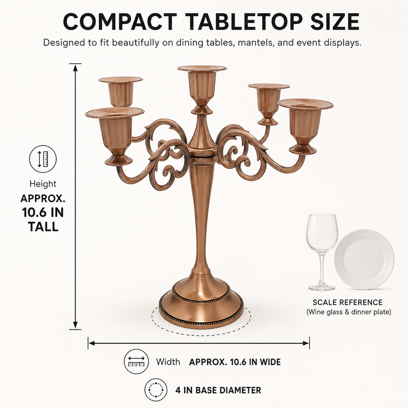 Size guide graphic for the metal candelabra centerpiece showing height width and depth