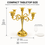 Size guide graphic for the metal candelabra centerpiece showing height width and depth