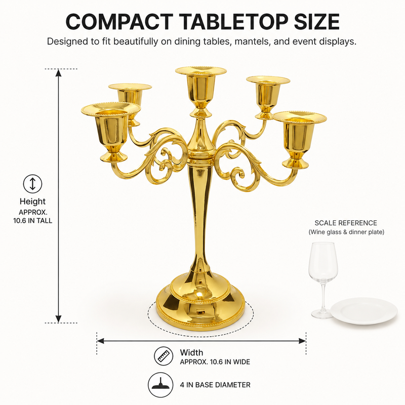 Size guide graphic for the metal candelabra centerpiece showing height width and depth