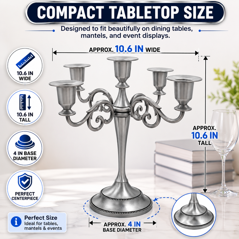 Size guide graphic for the metal candelabra centerpiece showing height width and depth