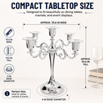 Size guide graphic for the metal candelabra centerpiece showing height width and depth