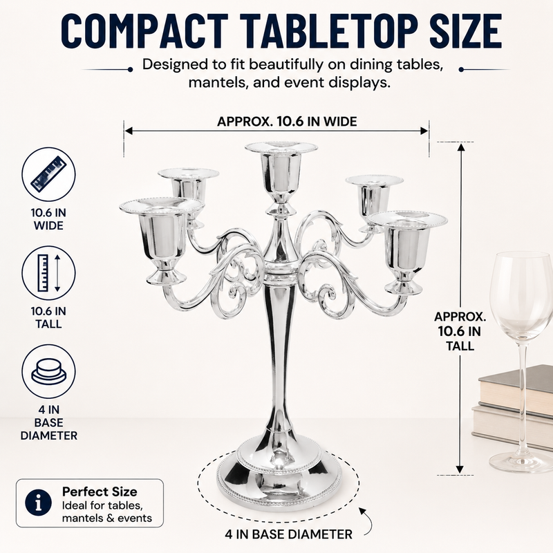Size guide graphic for the metal candelabra centerpiece showing height width and depth