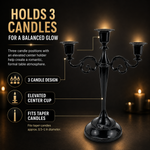 Gold five-arm candelabra graphic describing its metal zinc-alloy construction and surface plating