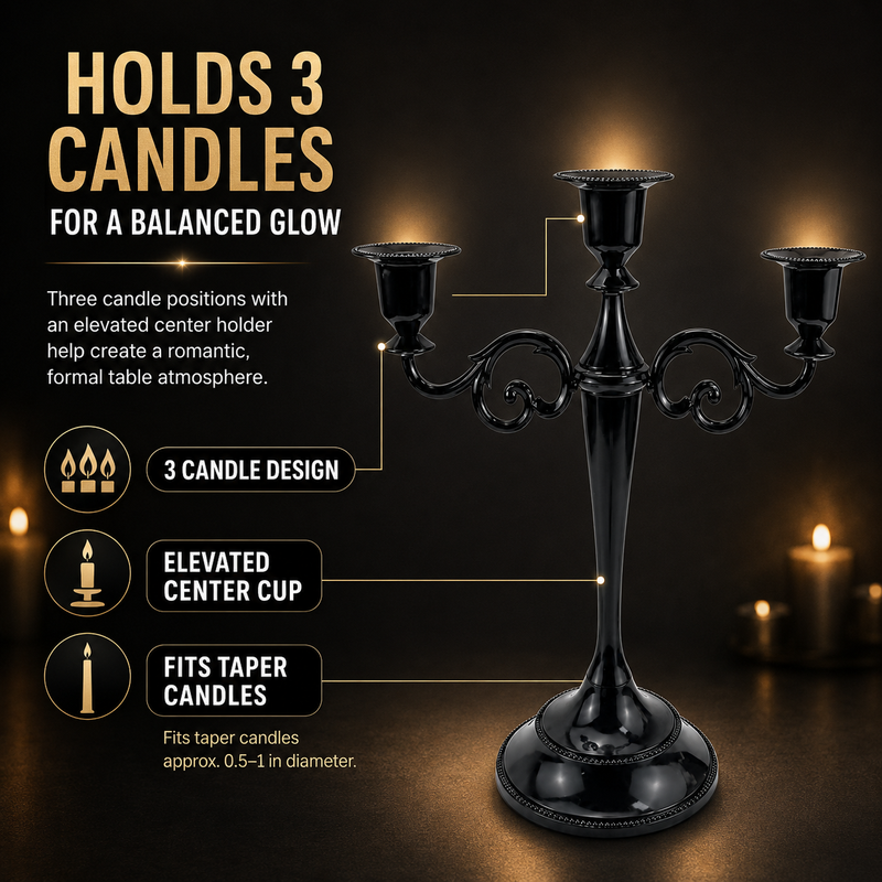 Gold five-arm candelabra graphic describing its metal zinc-alloy construction and surface plating