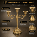 Gold five-arm candelabra graphic describing its metal zinc-alloy construction and surface plating