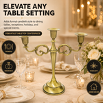 Gold five-arm candelabra graphic describing its metal zinc-alloy construction and surface plating