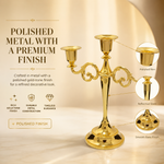 Gold five-arm candelabra graphic describing its metal zinc-alloy construction and surface plating